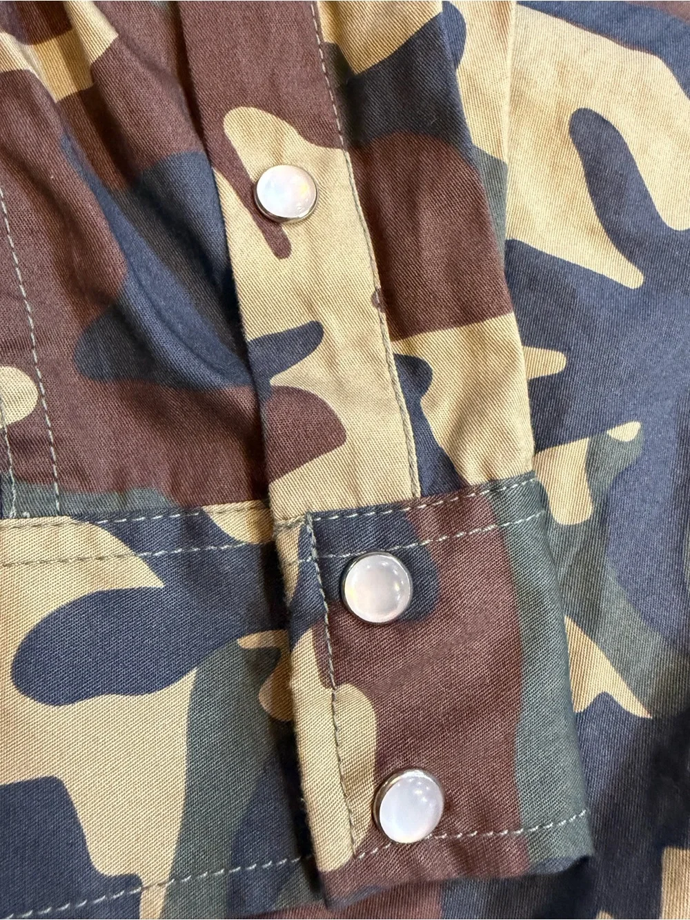 True Religion Camo button up shirt with a relaxed fit and pearl snap buttons
